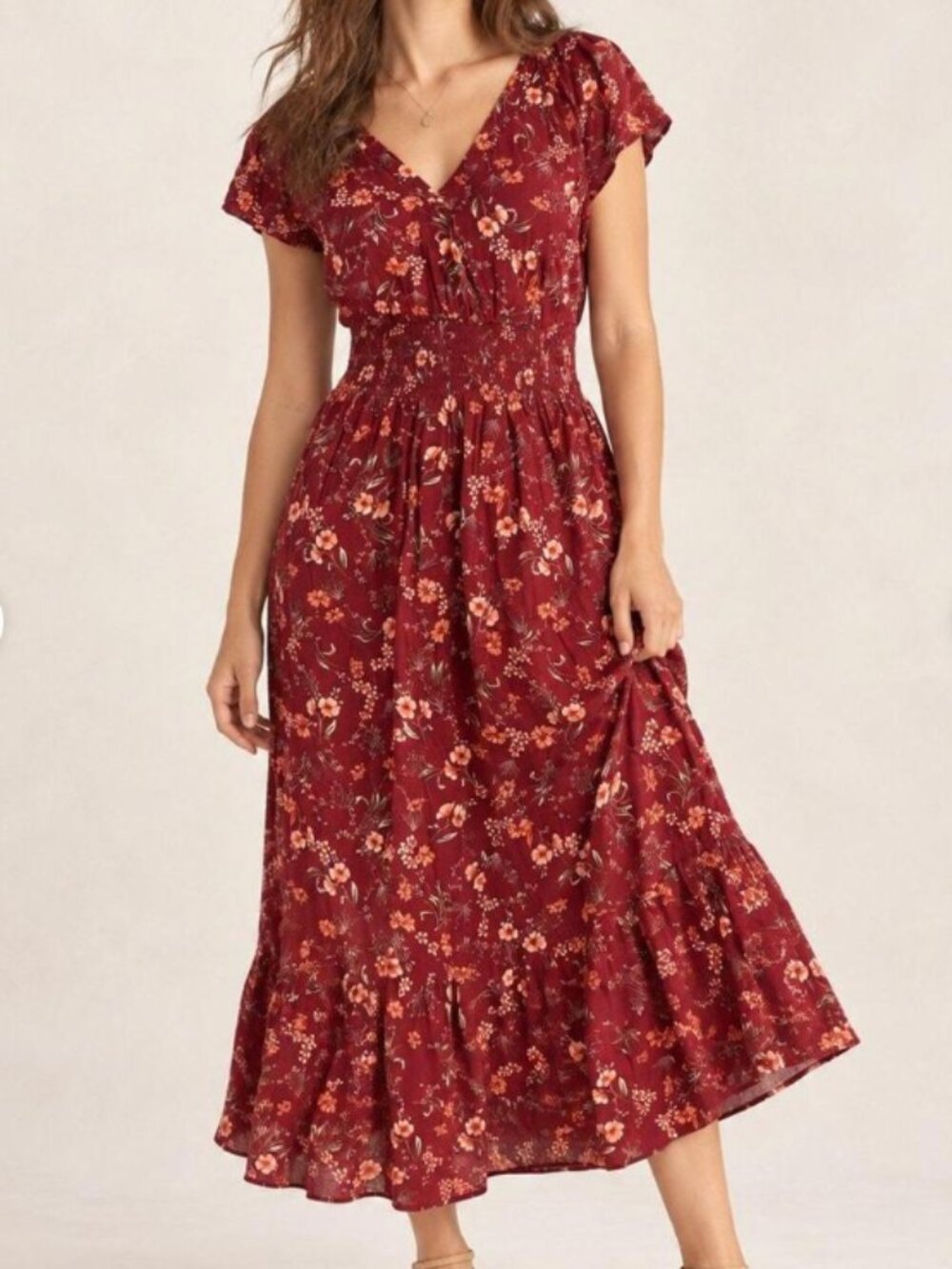 Old Navy Waist-Defined Flutter-Sleeve Smocked Floral Midi Dress